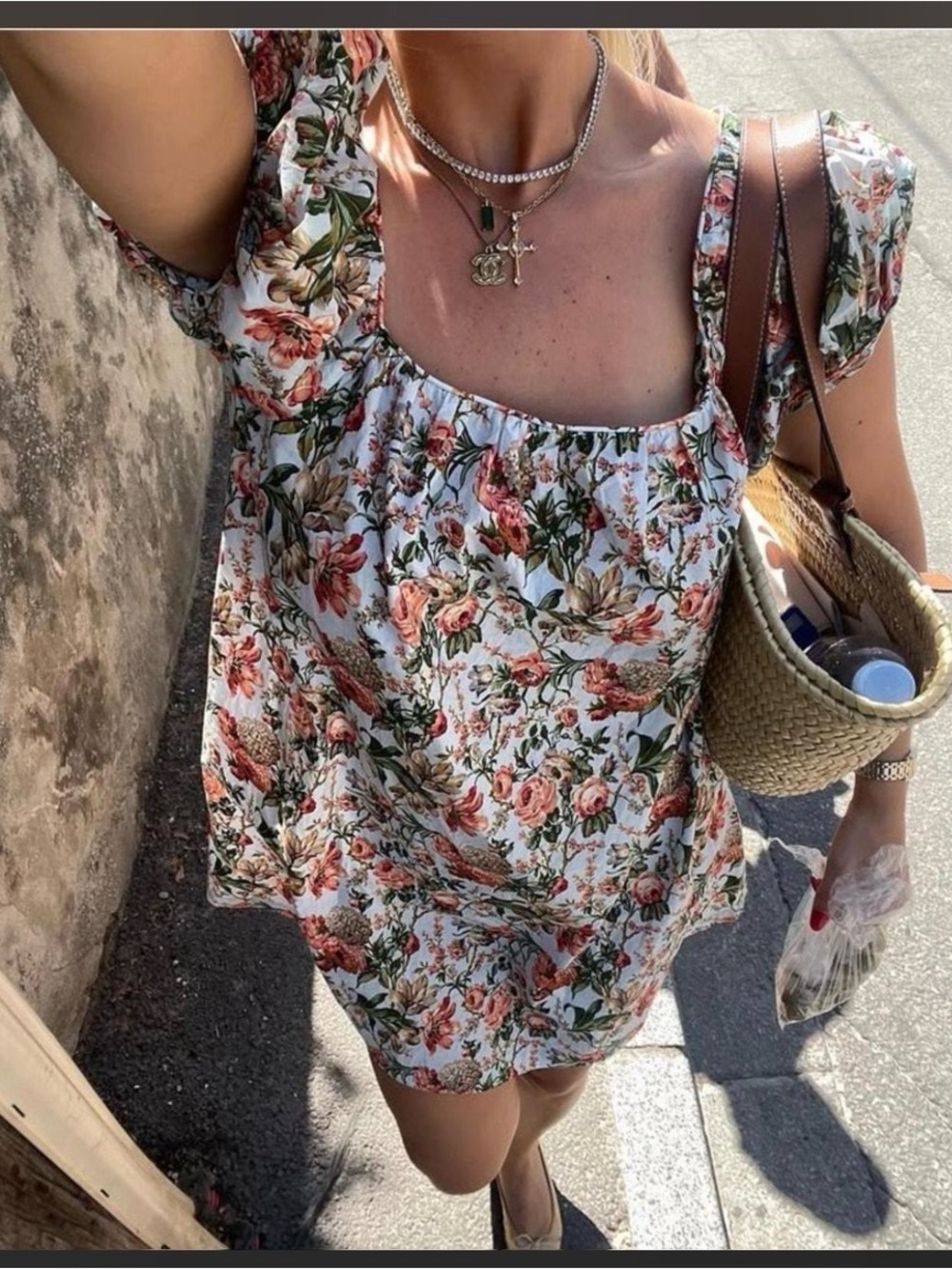 Doen White Floral Mini Dress with Pink and Green Bouquet Print